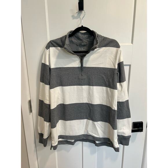LL BEAN Sweater MENS Large Top Striped 1/4 Zip Pullover GRAY  White - Picture 2 of 6